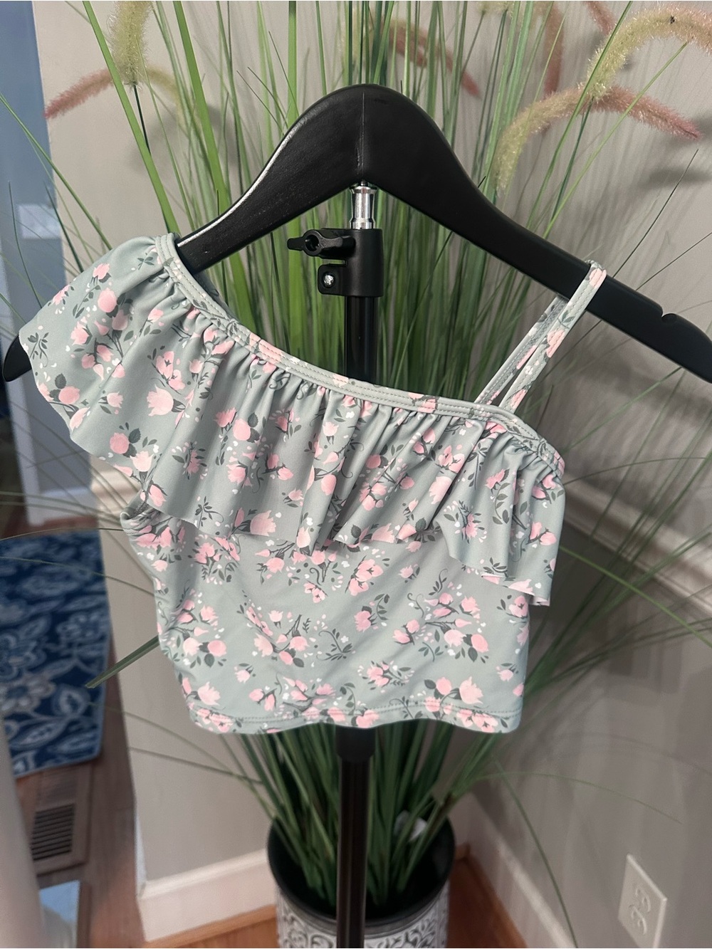 Ruffle Butts Mint and Pink Floral One-Shoulder Bikini Top